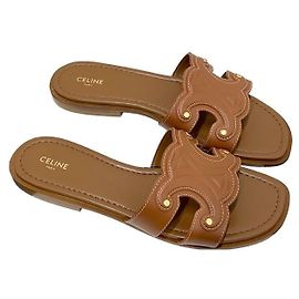 Céline Triomphe Marina Mule Leather Sandals Tan Brown