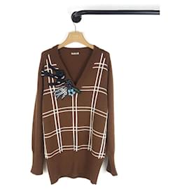 Miu Miu Strickpullover mit besticktem V-Ausschnitt Braun