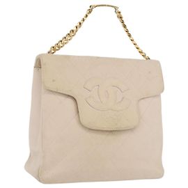 CHANEL Bolsa de Mão Matelassé com Corrente em Couro de Cordeiro Bege Ouro CC Auth BSZ256 Bege Dourado