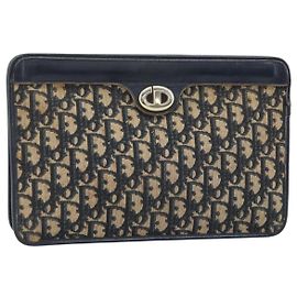Christian Dior Trotter Canvas Clutch Bag Navy Gold Auth ka3155 Golden Navy blue