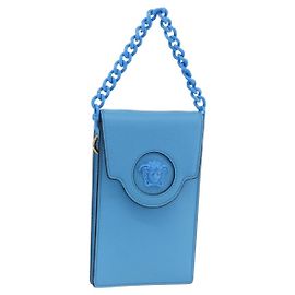 Pochette a mano con catena VERSACE Borsa in pelle blu oro Auth LNZ853A Blu D'oro