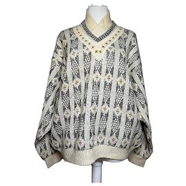 Vintage Givenchy abstrakter Herren-Wollpullover beige und schwarz M Weiß