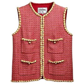 Colete de tweed Chanel 17S rosa vermelho multicolorido com acabamento em pérolas, tamanho FR 40 Rosa Branco Vermelho Multicor Gold hardware