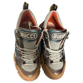 Tênis Gucci Rhyton em Couro e Tecido Marrom Branco Metálico