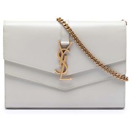 Saint Laurent White Leather Monogram Sulpice Chain Wallet White
