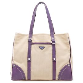 Bolsa tote de lona com bolso frontal em couro marrom com studs Prada Marrom Bege