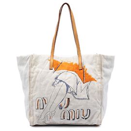 Miu Miu White Printed Canvas Tote White