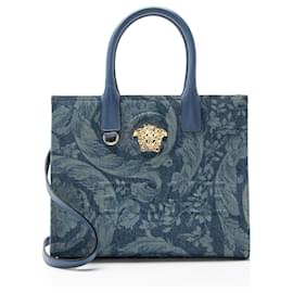 Kleine Tote Bag La Medusa aus Barocco-Denim von Versace Blau