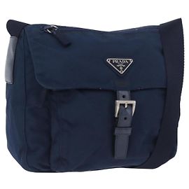 Borsa a Spalla PRADA in Nylon Blu Navy Argento Auth BA11437 Argento Blu navy