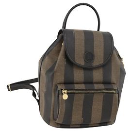 FENDI Pecan Canvas Backpack PVC Brown Black gold Auth gh1856 Brown Black Golden