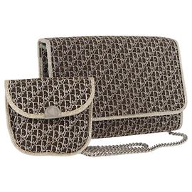 Bolsa de ombro em canvas Trotter Christian Dior com corrente dourada Auth mr2183 Dourado