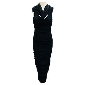 Robe cocktail midi ajustée en jersey stretch noir Khaite avec fronces Noir