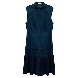 Robe en coton sans manches à boutons devant plissée bleu marine Lela Rose Bleu Marine