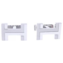 Abotoaduras Hermès H O Carre Prata Branco