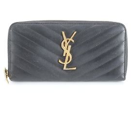 Cartera larga de cuero V-Stitch Yves Saint Laurent Negro