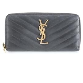 Carteira longa de couro V-Stitch Yves Saint Laurent Preto