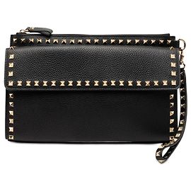 Clutch da polso Rockstud in pelle di vitello grana nera Valentino Nero