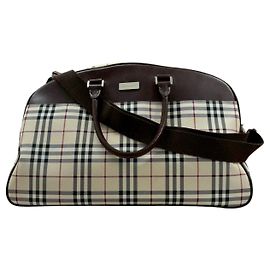 Burberry Nova Check Canvas Leather Boston Bag Brown Beige