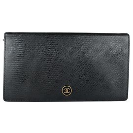 Chanel Black Leather Bi-fold Long Wallet Black