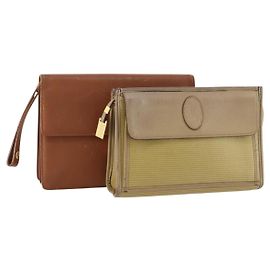 SAINT LAURENT Pochette en Cuir 2 Set Marron CC Auth bs34000 Marron