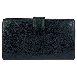 Chanel Vintage Coco Mark Clasp Black Leather Long Wallet Black