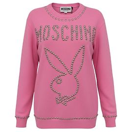 Suéter de malha com gola redonda Moschino Couture rosa / prata com logo Playboy adornado com studs Rosa