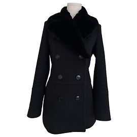 Burberry Black Wool and Cashmere Coat with Rabbit Fur Collar Black