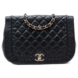 Chanel Black Quilted Lambskin Braided Saddle Flap Black