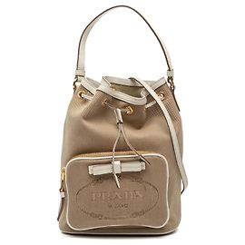 Prada Brown Canvas Canapa Logo Bow Drawstring Bucket Bag Brown Other