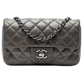 Chanel Mini Retangular Clássico Metálico Caviar Cinza com Aba Única Marrom Cinza antracite
