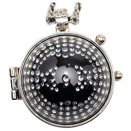 Chanel Coco Mark Strass Spiegel Halskette Schwarz Silber