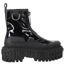 Dolce & Gabbana High Trekking Zip Front Ankle Boots in Black Patent Leather Black