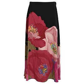 Valentino Garavani Saia Maxi de Seda Preta com Estampa Poppy da Valentino Multicor
