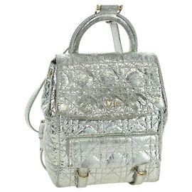 Christian Dior Canage Backpack Leather Gold Silver Auth AMZ448V Silvery Golden