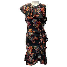 Ulla Johnson Black Multi Floral Candace Asymmetric Ruffled Dress Black