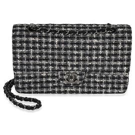 Chanel Black White Tweed Quilted Medium Classic Double Flap Brown Black White