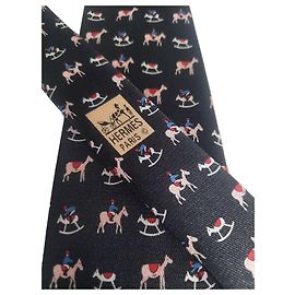 Authentic Hermès Paris Silk Tie – Classic Equestrian "Rocking Horse & Jockey" Pattern – Black Black