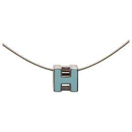 Collier Pendentif D H en Cage Laqué en Palladium Argenté Hermès Autre Bleu clair