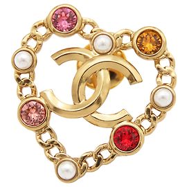 Broche em forma de coração com pérolas falsas e strass banhada a ouro CC da Chanel Dourado