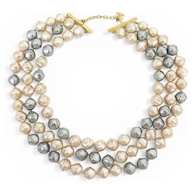 VINTAGE COLLIER CHANEL 3 RANGS DE PERLES NACRE & GRISES 1995 PEARLS NECKLACE Écru