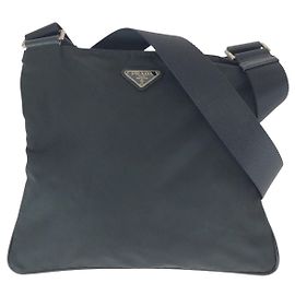 Bolsa de Ombro Prada em Nylon e Couro com Logotipo Triângulo Tessuto Preto