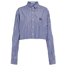 Miu Miu Chemise Courte en Coton Rayée Bleue Bleu