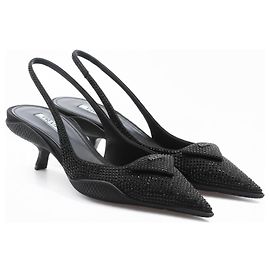 Escarpins Slingback Prada Strass Cuir Noir Taille 41 Noir