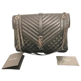 Saint Laurent Envelope Triquilt Large Ysl Shoulder Bag In Grained Leather Noir