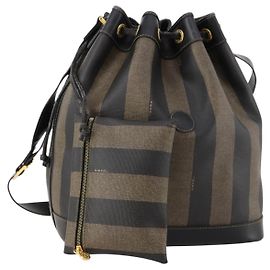 FENDI Pecan Canvas Shoulder Bag PVC Black Brown Auth ep13414 Brown Black