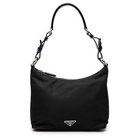 Borsa a spalla Prada in tessuto nero con rifiniture in vitello Nero