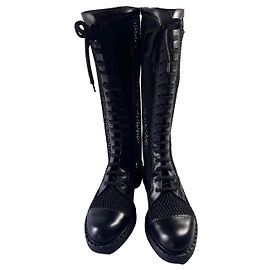 Prada high boots in black leather and mesh Black