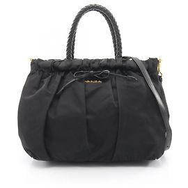 Prada TESSUTO BOW Braided Handle Handbag Black