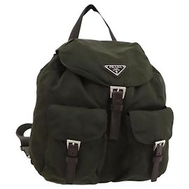 PRADA Backpack Nylon Khaki Silver Auth LNZ259 Silvery Khaki