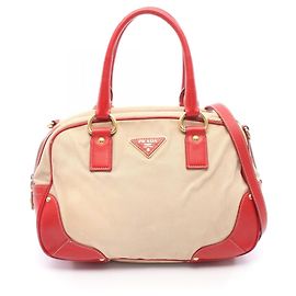 Prada 2-Way Handbag Red and Beige Leather and Canvas Red Beige